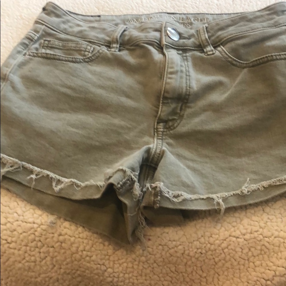 American Eagle, washed olive green denim shorts